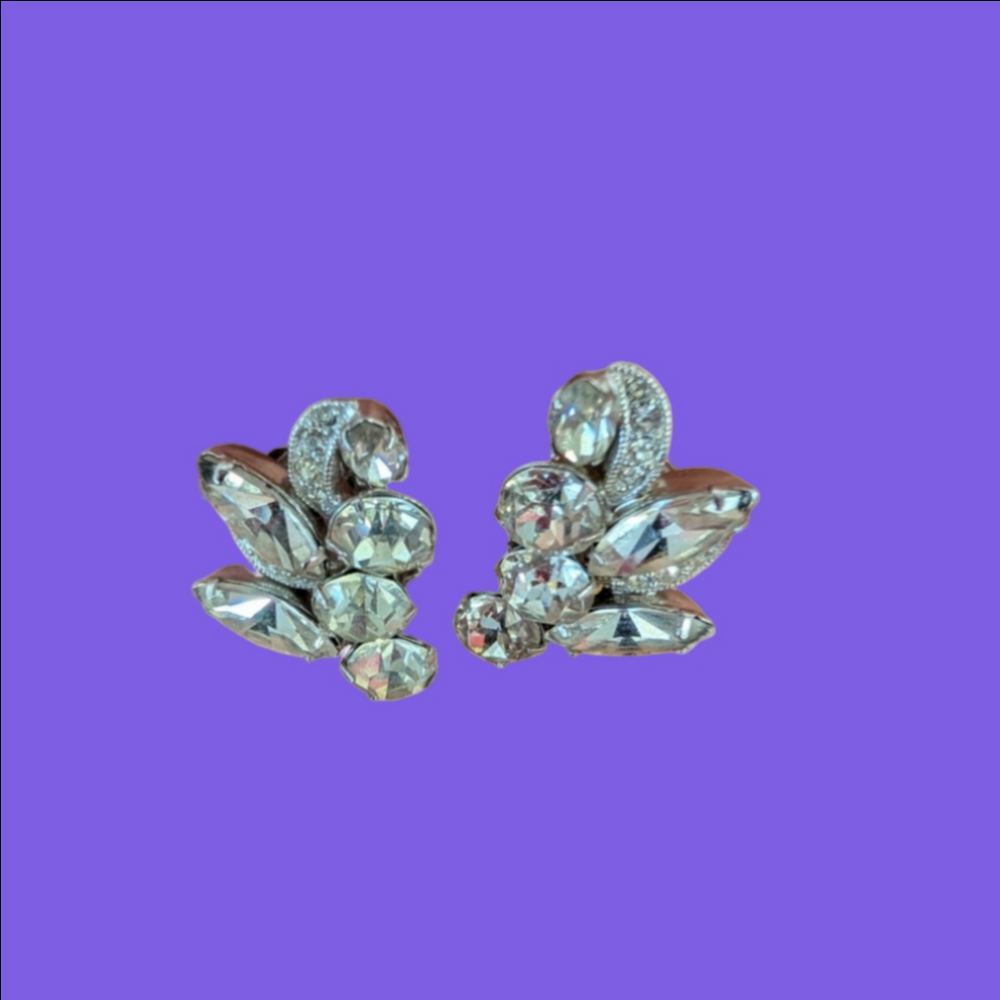 Vintage Earrings By Eisenberg Cluster Clip-On Earrings - Silver Rhinestone Clear